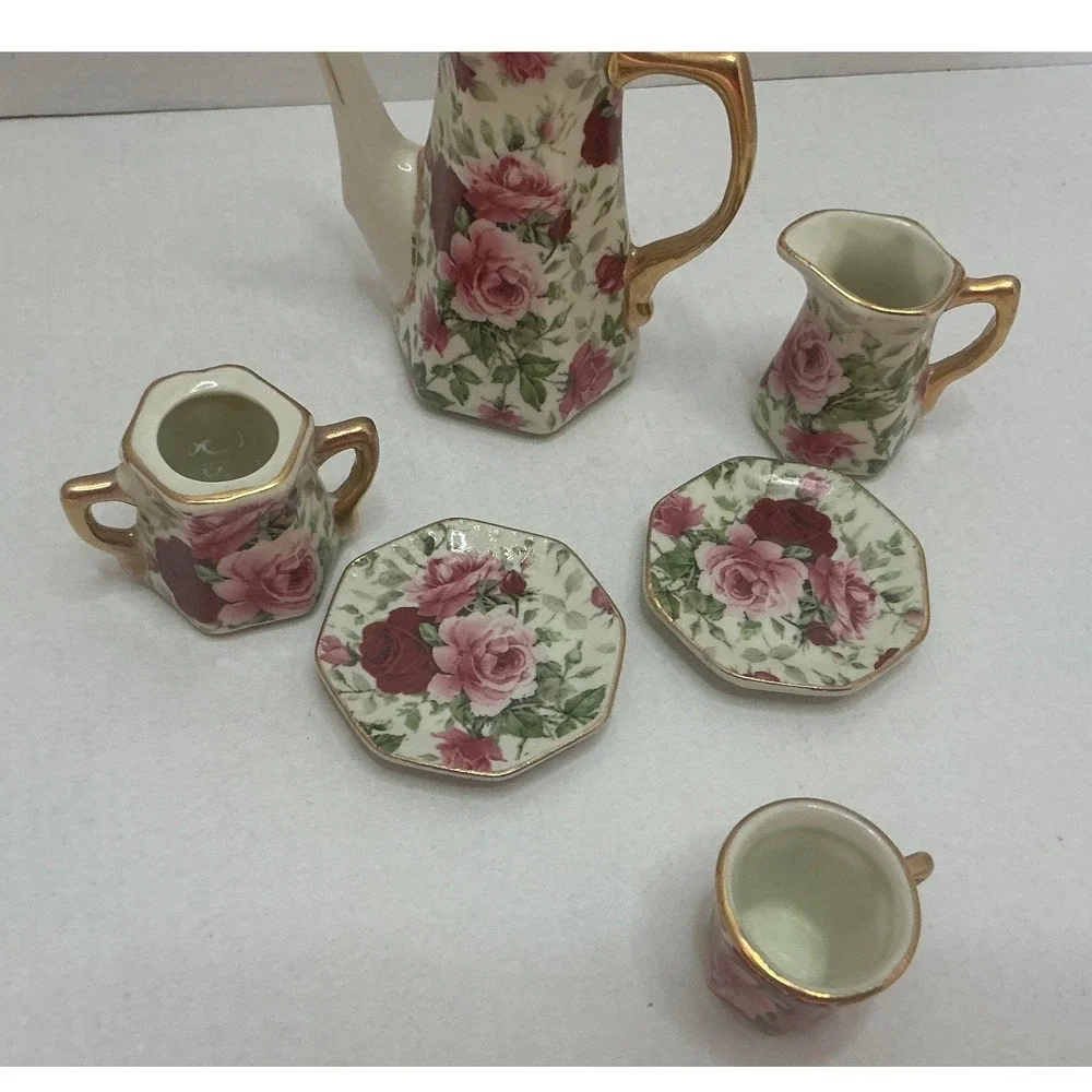 Vintage Miniature Tea Set Porcelain Rose Floral Gold Trim 6pc Set
